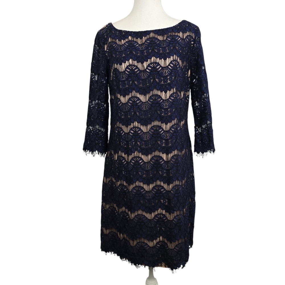 Eliza J Navy Blue Lace Lined Midi 3/4 Sleeve Dress Sz 12 Cocktail Romantic